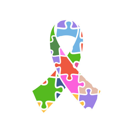 Autism awareness symbol in shape of colorful puzzle ribbon, flat vector illustration isolated on white background.のイラスト素材