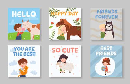 Set of squared cards or banners with kids hugging various animals flat styleのイラスト素材