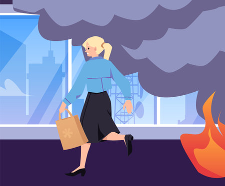 Scared woman with a bag quickly runs, evacuates from smoke and fire on the background of the windows of the building, vector Illustration flat design styleのイラスト素材