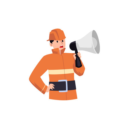 Fireman in orange uniform with helmet announced evacuation through loudspeaker flat styleのイラスト素材