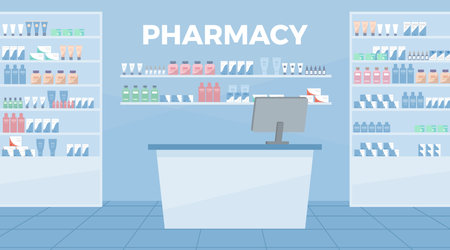 Blue pharmacy interior flat style, vector illustrationのイラスト素材