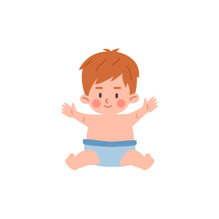 Cute little baby boy in diaper, flat vector illustration isolated on white.のイラスト素材