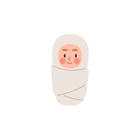 Newborn baby swaddled in blanket flat vector cartoon illustration isolated.のイラスト素材