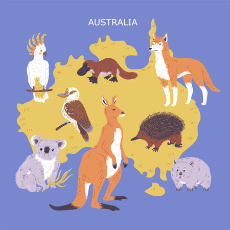 Map of Australia and Australian animals, flat vector illustration.のイラスト素材