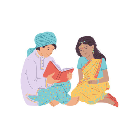 Boy and girl in traditional Indian clothes reading book together flat styleのイラスト素材