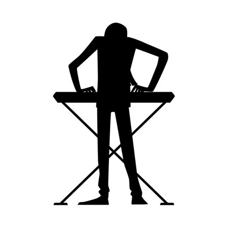 Vector black silhouette Illustration of Rock band star plays the synthesizer, piano on stage, isolated on white backgroundのイラスト素材