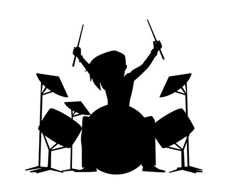 Vector black silhouette Illustration of Rock band star drummer with long hair playing drums on stage, isolated on white backgroundのイラスト素材