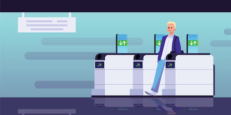 Man walking through subway turnstile, flat vector illustration.のイラスト素材