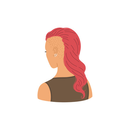 Vector isolated illustration of modern hairstyle of a girl, woman with brown, red long tail hair with baldness on the sides, back viewのイラスト素材