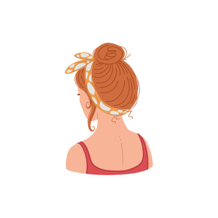 Vector isolated Illustration of pretty hairstyle of a girl, woman with orange hair pulled up and tied at the waist, back viewのイラスト素材