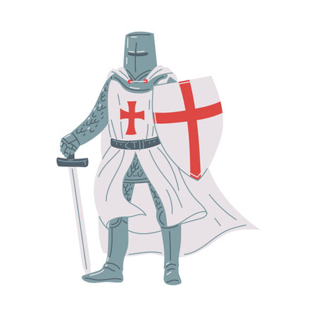 Vector illustration of medieval knight in a white cloak and wearing armor, in the hands of a sword and a shield with a red cross, isolated on white backgroundのイラスト素材