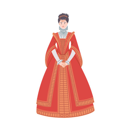 Vector isolated illustration of medieval beautiful queen, duchess in a red luxurious outfit, dress and jewelryのイラスト素材