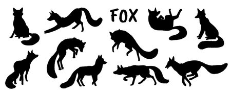 Set of black fox silhouettes in different poses flat style, vector illustrationのイラスト素材