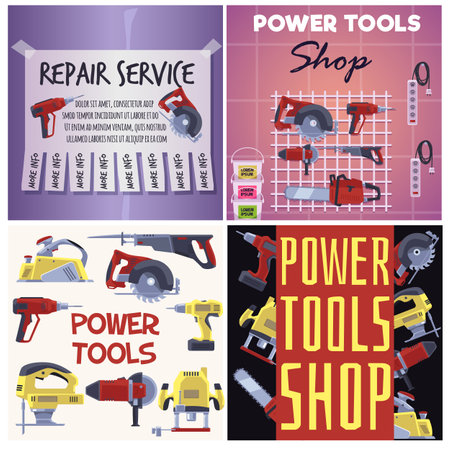 Set of squared banners about power tools shop and repair service flat styleのイラスト素材