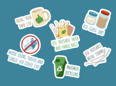 Set of stickers about zero waste flat style, vector illustrationのイラスト素材