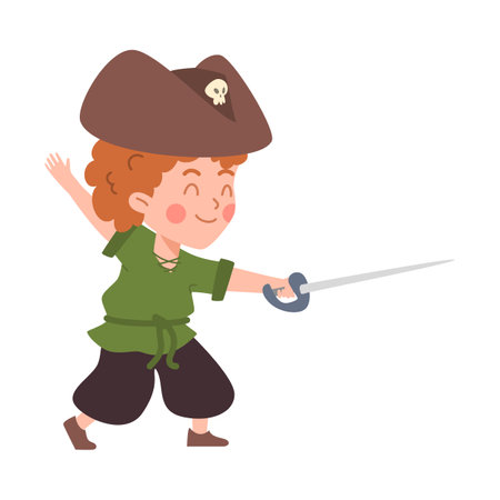 Vector isolated illustration of boy in pirate costume and cocked hat extended his hand with saber forward, cute cartoon pirate captain kidのイラスト素材