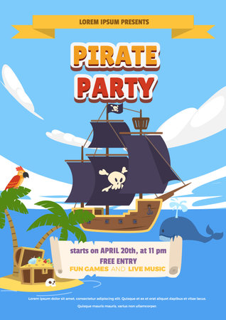 Happy sea adventure vector poster of pirate party, Pirate ship sails with whale, treasure island with treasure jewels and parrotのイラスト素材