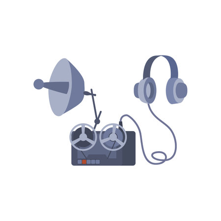Vector isolated illustration of detective listening device on white background, flat espionage echo sounder, headphones and tape recorderのイラスト素材