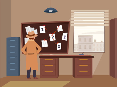 Vector isolated illustration of Detective man looks at detective board in the investigators room, pinboard crime investigation mapのイラスト素材