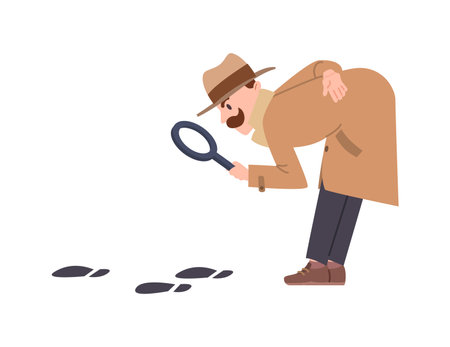 Curious detective looking at footprints through magnifier, flat vector illustration isolated on white background.のイラスト素材