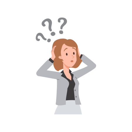 Surprised woman with questions overhead flat style, vector illustrationのイラスト素材