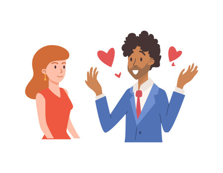 Beautiful woman and surprised man with hearts around flat style, vector illustrationのイラスト素材