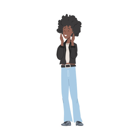 Vector Illustration of a pretty dark-skinned woman with curly hair in jacket and jeans closed her eyes in joy and raised her hands, isolated on white backgroundのイラスト素材