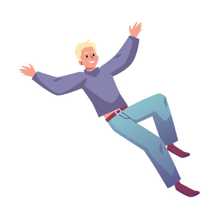 Vector illustration of happy energetic man flying, floating in air. Free flight of carefree employee in fantasies, dreams, imaginationのイラスト素材