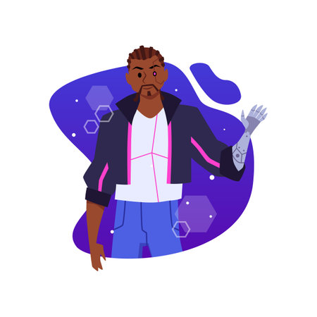 Smiling cyberpunk man with artificial eye and hand flat style, vector illustrationのイラスト素材
