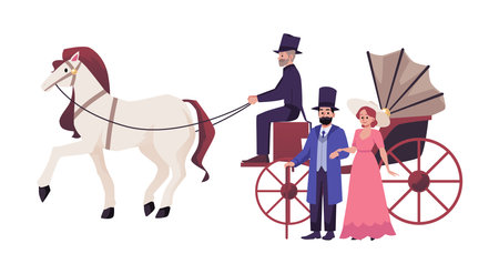 Vector carriage with white horse and aristocratic couple in elegant costumes isolated illustration on white backgroundのイラスト素材
