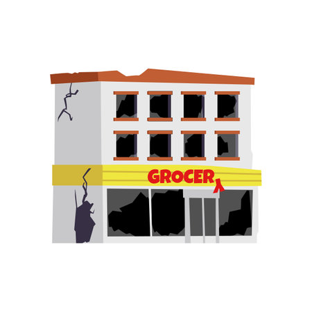 Vector isolated illustration of destroyed grocery, vandalism, consequences of hurricanes or war, abandoned city buildingsのイラスト素材