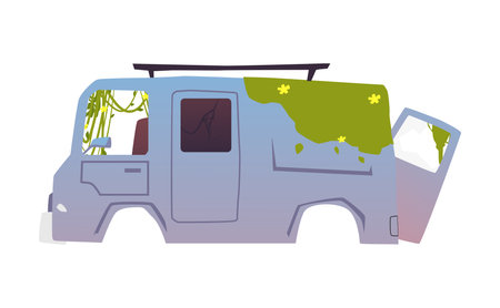 Cartoon vector illustration of old rusty car disassembled, overgrown with grass, Destruction, natural cataclysmのイラスト素材