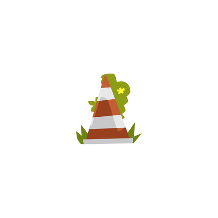 Traffic cone on the grass, road sign, pointer, Consequences of earthquake or apocalypse vector illustration conceptのイラスト素材