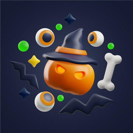 Halloween elements in 3d style, evil pumpkin, eyeballs and bats on black background, vector illustration.の写真素材