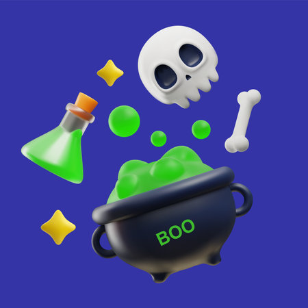 Halloween vector set of decorative elements in realistic 3d style, skull and bone, witch cauldron with magic potionのイラスト素材