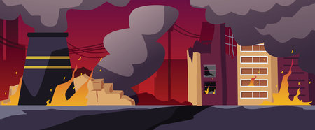 Vector illustration of production and generation of electricity and energy in fire and smoke, destroyed manufacturingのイラスト素材