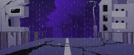 Vector raining in the night ruined city illustration, broken road and buildings, ruins, Destruction, post-apocalypticのイラスト素材