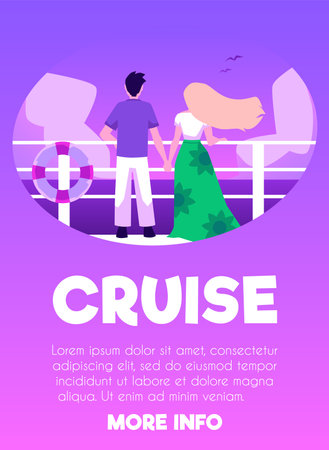 Vector poster Cruise vacation, tourist concept, nice couple resting, enjoy summer seaside landscape on the deck of cruise liner, yachtのイラスト素材