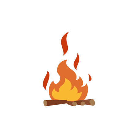 Vector illustration of burning bonfire with wood on white background, cartoon camping hot bonfire flat iconのイラスト素材