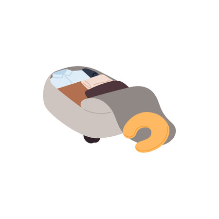Backpack packed for vacation and airplane flight, flat vector illustration isolated on white background.のイラスト素材