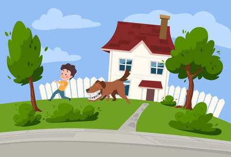 Vector illustration of frightened boy runs from a huge bulldog with red eyes that wants to bite him and barks, fear of god, against the backdrop of a white house with a lawn and treesのイラスト素材