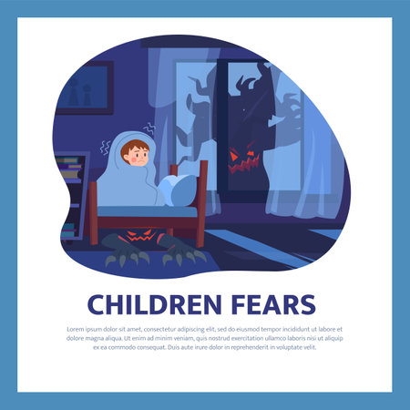 Children fears poster with little boy scared of monsters in the dark, flat vector illustration.のイラスト素材