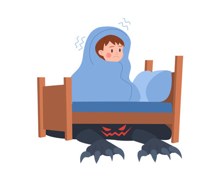 Vector illustration of little frightened boy sits on the bed under the covers and a black monster crawls under the bottom, a ogre with red eyes, children fears concept isolated on white backgroundのイラスト素材