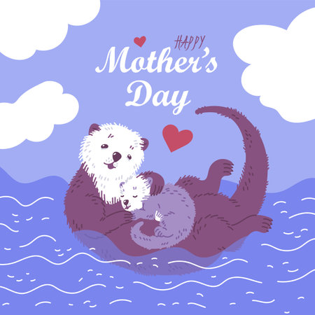 Squared banner with sea otters about happy Mothers Day flat styleのイラスト素材