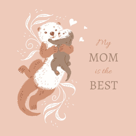 Mother day greeting card with cute mom and baby otters vector illustration.のイラスト素材