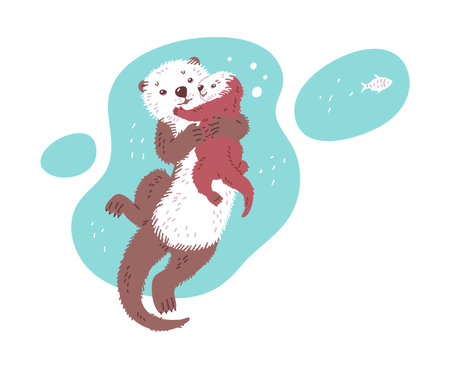 Vector illustration of cute cartoon sea otters family, mother and child are lovely hugging in blue water, isolated on white backgroundのイラスト素材