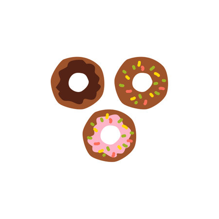 Various donuts with chocolate and strawberry glaze, flat vector illustration isolated on white background.のイラスト素材