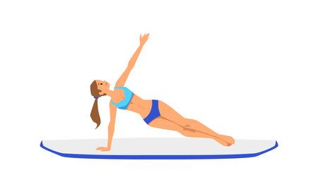 Happy woman does side plank on sup board, flat vector illustration isolated on white background.のイラスト素材
