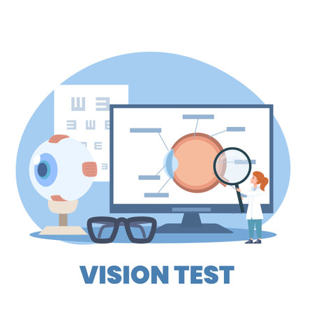 Tiny woman ophthalmologist and huge computer monitor and eye flat styleのイラスト素材