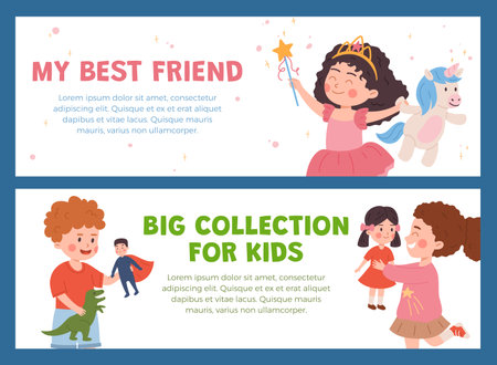 Happy boys and girls holding their toys, kids play with favorite toy, best friends cartoon vector flyers tamplate setのイラスト素材